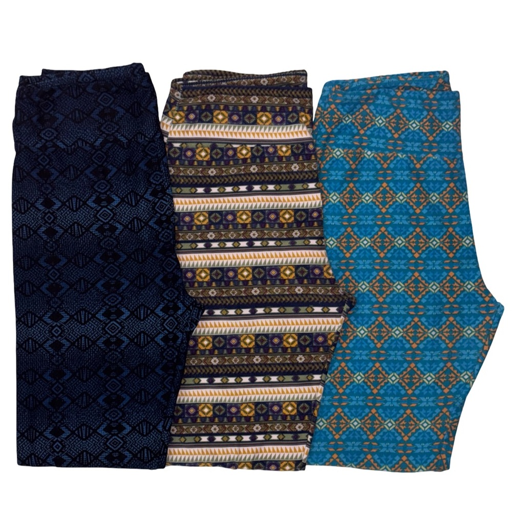 Lot of 3 LuLaRoe OS Leggings Geometric Patterns Blue Black Sage Aqua Yellow